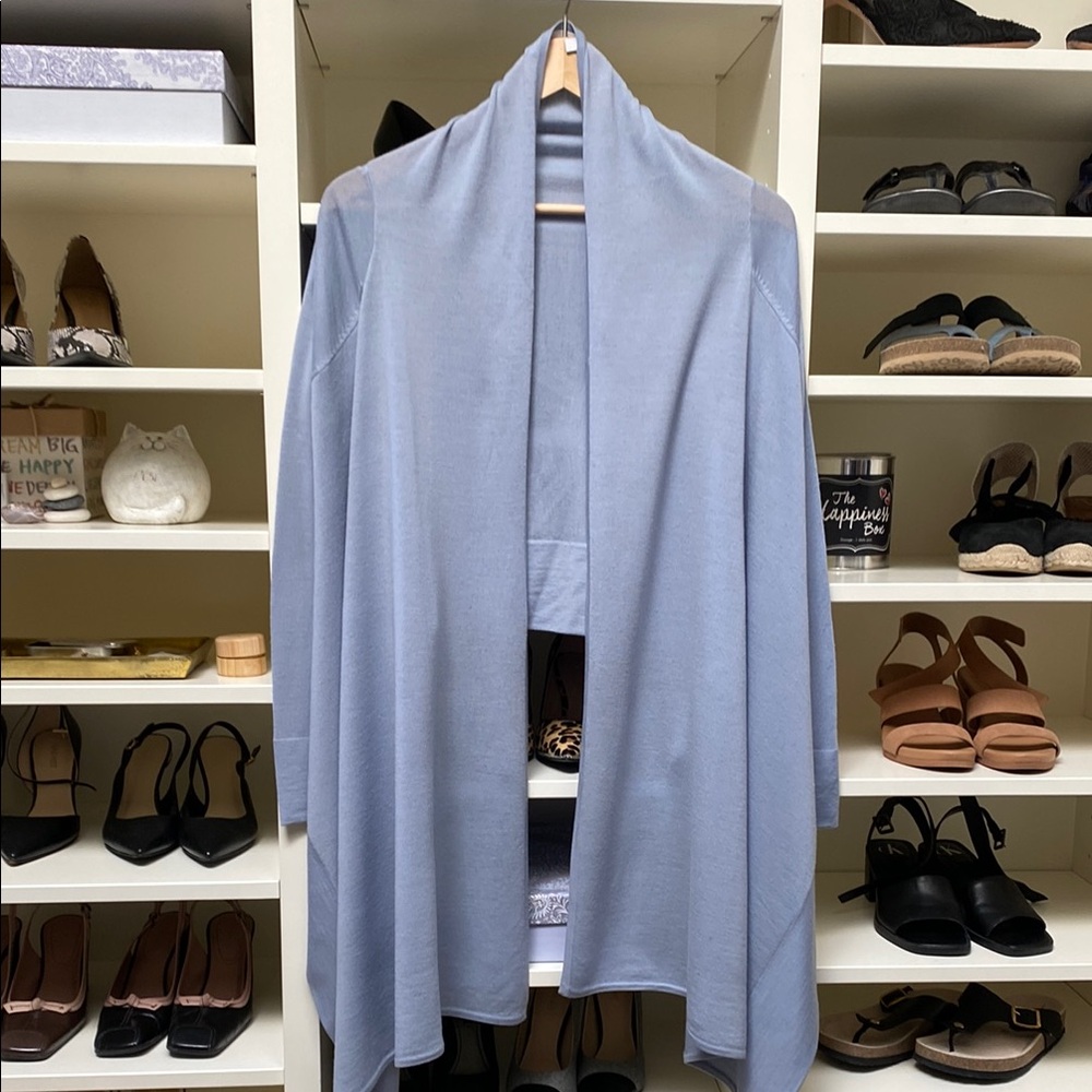 Josef - Soft Blue Open-Front Cardigan with Shawl Collar. EUC